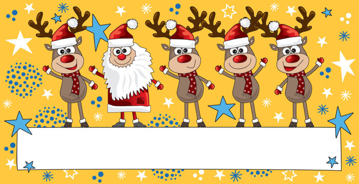 Fröhliche Rentiere und Weihnachtsmann, gezeichneter Cartoon mit Sternen Hintergrund in blau gelb mit leerem Banner für Logo und Text, Weihnachtskarte und Adventskalender Illustration, CMYK, Druck
