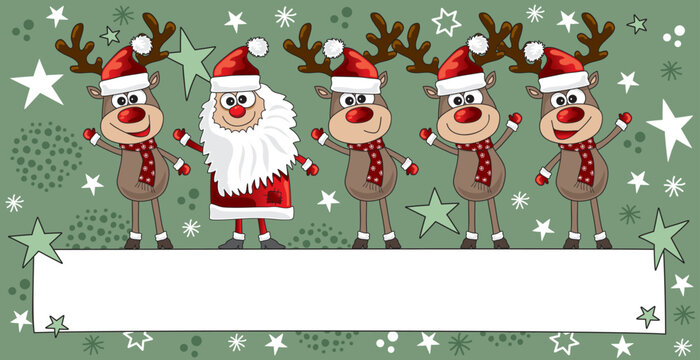 Weihnachtskarte vom Team Weihnachten, Weihnachtsmann und Gruppe von Rentieren mit leerem Banner für Logo und Text, Illustration, Cartoons