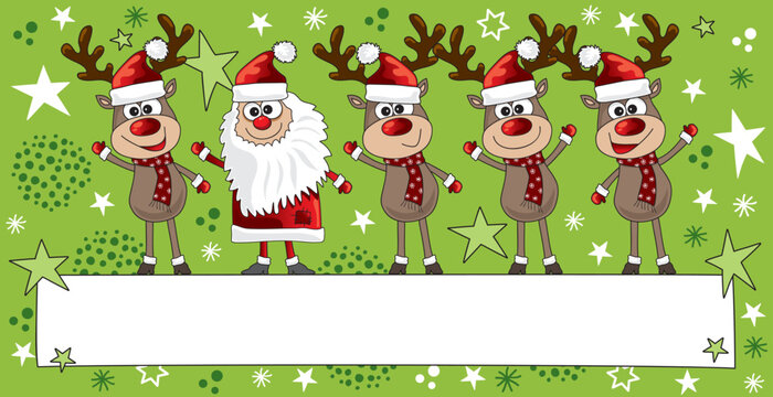 Weihnachtskarte Rentiere lustig mit Weihnachtsmann, Team Teamwork Karte mit leerem Banner für Logo und Grußtext, CMYK, Druck
