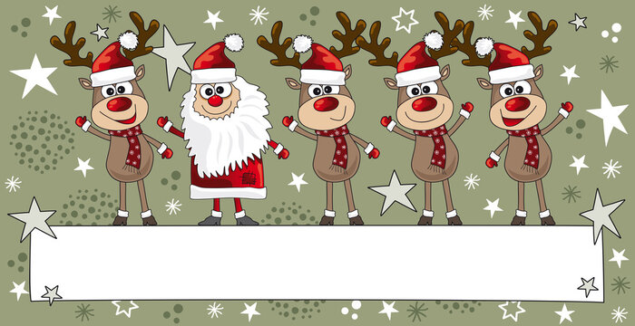 Lustige Rentiere Weihnachtskarte mit Weihnachtsmann, Team Teamwork Karte mit leerem Banner für Logo und Grußtext, CMYK, Druck
