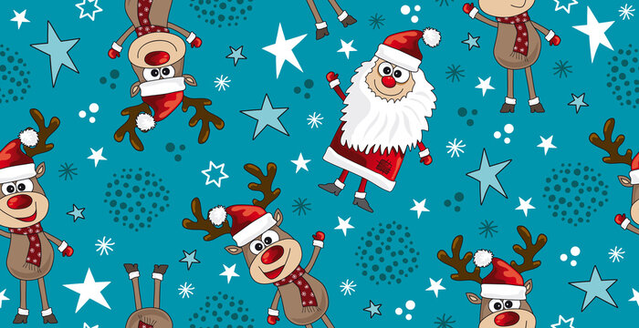 Rentiere und Weihnachtsmann, nahtloses Muster für Geschenkpapier und Druck, türkis grün blau, Cartoons, Vektor, Illustration
