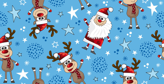 Rentiere und Weihnachtsmann, nahtloses Muster für Geschenkpapier und Druck, blau, Cartoons, Vektor, Illustration