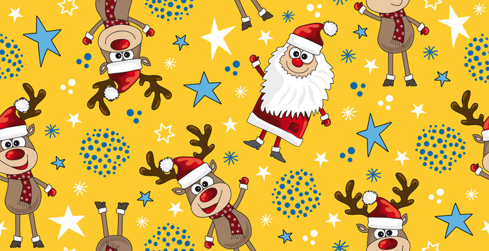 weihnachten nahtloses muster mit lustigen Rentieren und Weihnachtsmann für druck, verpackung, papier design, cartoons, vektor illustration