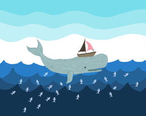 Sperm whale in the deep ocean.fantasy whale illustration.