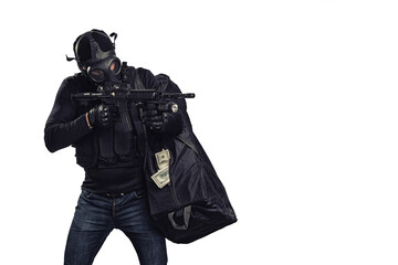 robber with a gun and a bag of money isolated on white background