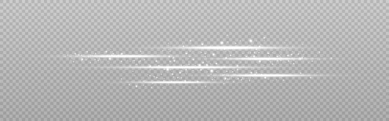 Light flare. White glowing lines with glitter effect. Bright beams on transparent background. Abstract horizontal lens. Magic light rays with particles. Vector illustration