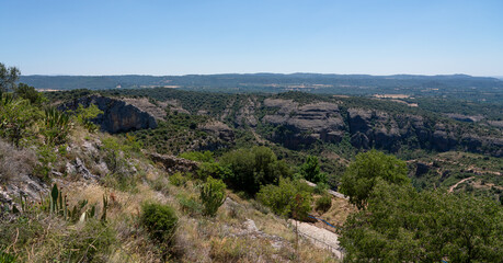 Fototapeta na wymiar view out from a limestone outcrop village over the canyon and gorges of the a National Park 