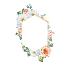 Watercolor floral rose, peony, botanical vintage frame illustration. Flower geometry hexagon wreath, bouquet, greenery, rustic, luxury wedding stationery invitation, shabby chic baby shower printable