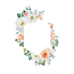 Watercolor floral rose, peony, botanical vintage frame illustration. Flower geometry hexagon wreath, bouquet, greenery, rustic, luxury wedding stationery invitation, shabby chic baby shower printable