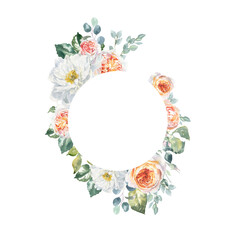 Watercolor floral rose, peony, botanical vintage frame illustration. Flower geometry round wreath, bouquet, greenery, rustic, luxury wedding stationery invitation, shabby chic baby shower printable