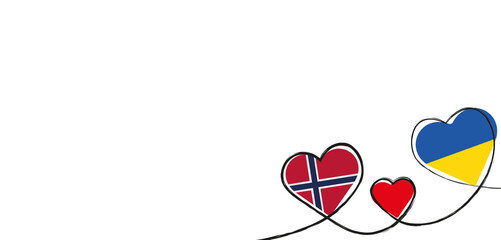 Drei Herzen in den Farben Rot, Norwegen und Ukraine