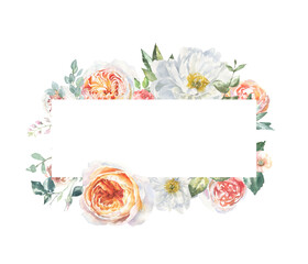 Watercolor floral rose, peony, botanical vintage frame illustration. Flower geometry hexagon wreath, bouquet, greenery, rustic, luxury wedding stationery invitation, shabby chic baby shower printable