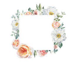 Watercolor floral rose, peony, botanical vintage frame illustration. Flower geometry square wreath, bouquet, greenery, rustic, luxury wedding stationery invitation, shabby chic baby shower printable