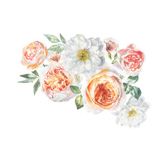 Watercolor floral rose, peony, botanical vintage bouquet illustration. Flower composition wreath, frame, greenery, rustic, luxury wedding stationery invitation, shabby chic baby shower,greeting card