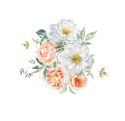 Watercolor floral rose, peony, botanical vintage bouquet illustration. Flower composition wreath, frame, greenery, rustic, luxury wedding stationery invitation, shabby chic baby shower,greeting card