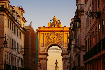 Fototapeta na wymiar The Rua Augusta Arch seen from Rua Agusta street in city of Lisbon, Portugal