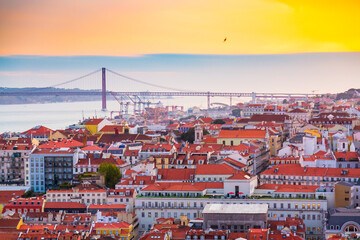 25 de Abril bridge during sunset seen from Sao Jorge Castle in city of Lisbon, Portugal