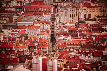 Santa Justa Lift and Baixa district in Lisbon seen from Sao Jorge Castle, Portugal