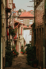 Narrow old town street in historical district of Poto city, Portugal