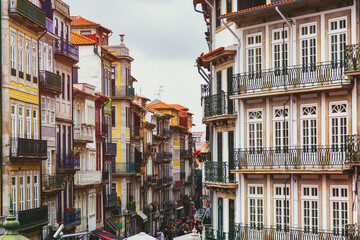 Historical architecture of Rua Das Flores street in Porto city, Portugal
