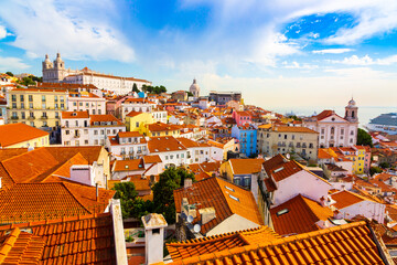 Alfama old town district viewed from Miradouro das Portas do Sol observation point in Lisbon, Portugal