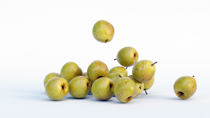 3d illustration of falling pear against white background. High quality, Fresh fruits, Close up view. Natural health or healthy food concept, 3D render