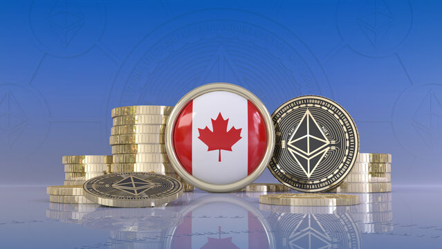 3d rendering of some Ethereum coins surrounding a badge with the Canadian flag