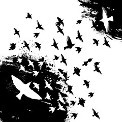 Background with flying birds and black blot. Vector illustration