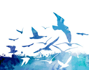 Flying blue watercolor seagulls. Vector illustration