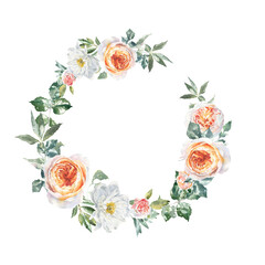 Watercolor floral rose, peony, botanical vintage wreath illustration. Flower composition bouquet, frame, greenery, rustic, luxury wedding stationery invitation, shabby chic baby shower,greeting card