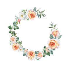 Watercolor floral rose, peony, botanical vintage wreath illustration. Flower composition bouquet, frame, greenery, rustic, luxury wedding stationery invitation, shabby chic baby shower,greeting card