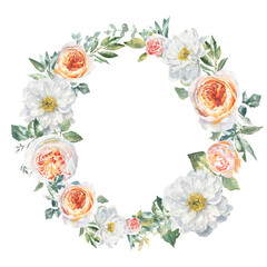 Watercolor floral rose, peony, botanical vintage wreath illustration. Flower composition bouquet, frame, greenery, rustic, luxury wedding stationery invitation, shabby chic baby shower,greeting card