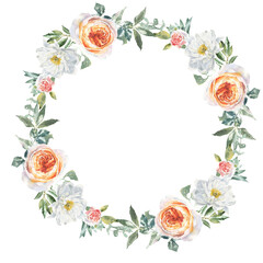 Watercolor floral rose, peony, botanical vintage wreath illustration. Flower composition bouquet, frame, greenery, rustic, luxury wedding stationery invitation, shabby chic baby shower,greeting card