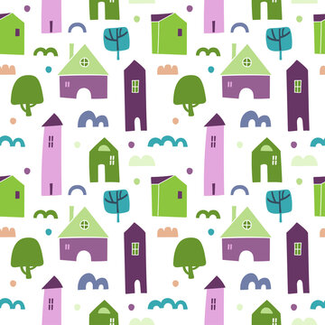 Vector seamless pattern with trees and houses on a white background. Illustration for wrapping paper, print for fabric, advertising and packaging. 
