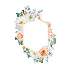 Watercolor floral rose, peony, botanical gold vintage frame illustration.Flower geometry rhombus frame, greenery, rustic, luxury wedding stationery invitation, shabby chic baby shower,greeting card