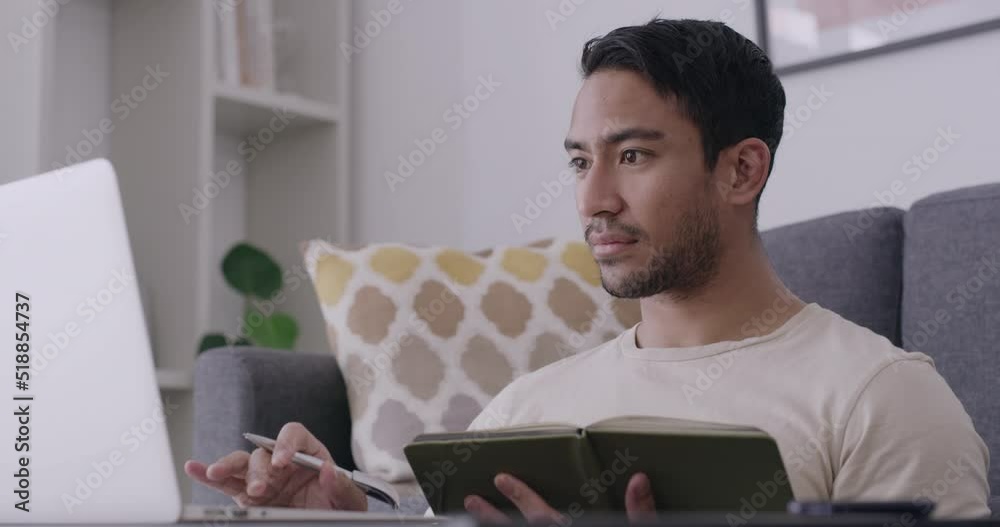 Aufkleber Studying with distance learning and education. Young man taking an online course on a laptop at home. Freelancer writing notes and browsing online to do research and planning while working remotely.