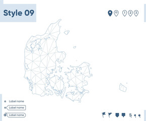 Denmark - white low poly map, polygonal map. Outline map. Vector illustration.