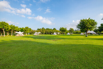 Camping tents on the park lawn