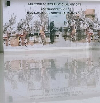 Banjarbaru, Indonesia - July 08, 2022: welcoming banner in Syamsudin Noor Airport. 