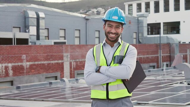 A proud contractor and inspector browsing on a digital tablet at a building site. Confident maintenance manager and engineer smiling while planning and analyzing ideas for construction property