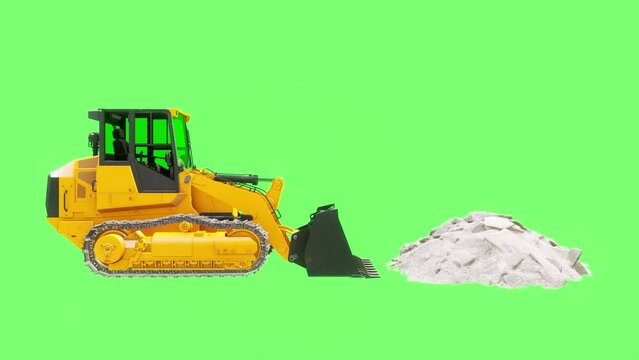 Front Loader or Excavator, Bulldozer, Track Loader, Mini Tractor, Orange, in Green Fund or Green Display, Animation and 3D Representation, Isolated, 4K 60 FPS, Video Loop,
