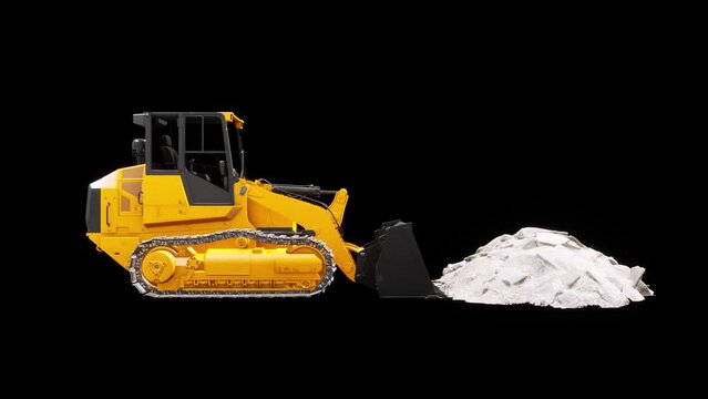Front Loader or Excavator, Bulldozer, Track Loader, Mini Tractor, orange, in black background, 3D animation and representation, isolated, 4k 60 fps, video loop,