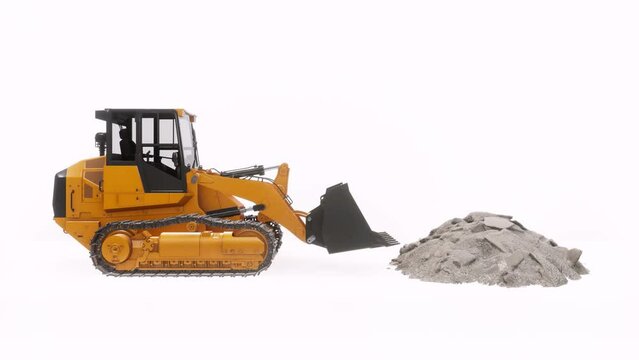 Front Loader or Excavator, Bulldozer, Track Loader, Mini Tractor, Orange, in White Fund, Animation and 3D Representation, Isolated, 4K 60 FPS, Video Loop,