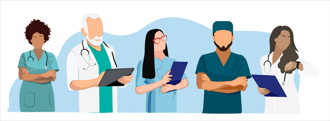 Medical personnel team, character of doctors and nurses wearing a surgical face mask and standing together to fight ills, male and female medical characters set cartoon flat vector illustration.