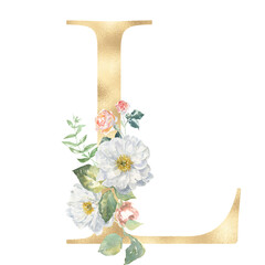Watercolor GOLD botanical alphabet illustration. Floral letter L, white peony,peach rose greenery boho bouquet.Luxury vintage floral wedding stationery, monogram initial invite card,baby shower chic