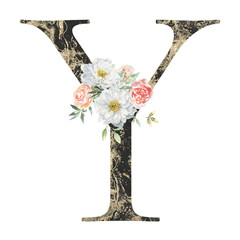 Watercolor black gold marble botanical alphabet illustration. Floral letter Y,white peony,peach rose greenery boho bouquet.Luxury vintage floral wedding stationery, monogram initial invite,shabby chic