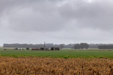 Fototapeta premium Tree windmills under a rainy sky in the countryside