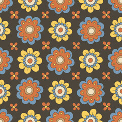 Colorful Orange and Yellow Small Scale Hand-Drawn Floral Vector Seamless Pattern. Retro 70s Style Nostalgic Fashion Textile Bold Background. Summer Resort Print. Daisies. Flower Power