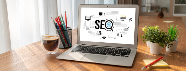SEO search engine optimization for modish e-commerce and online retail business showing on computer...
