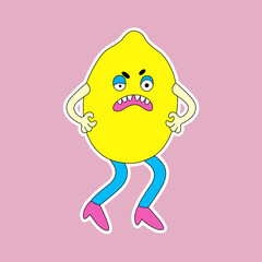 Funny cartoon character Lemon with the emotion of anger. Cute fruit sticker in retro style.